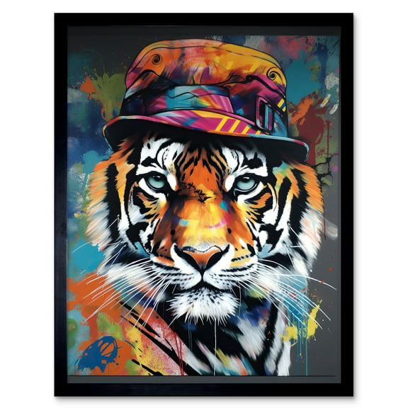 Tiger Wearing a Bucket Hat Vibrant Multicoloured Art Print Framed Poster Wall Decor 12x16 inch