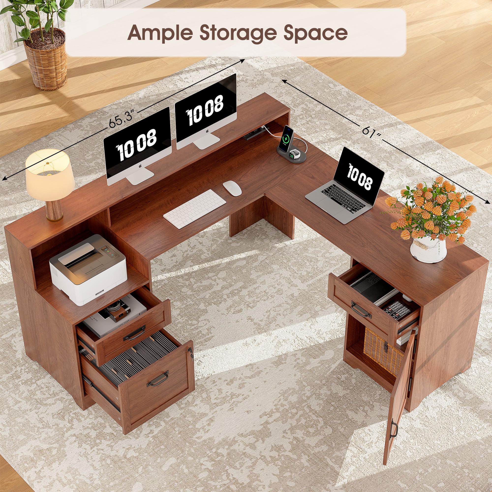 63'' Farmhouse L Shaped Desk with Drawers, Corner Computer Desk with Monitor Stand for Home Office, Cherry Brown