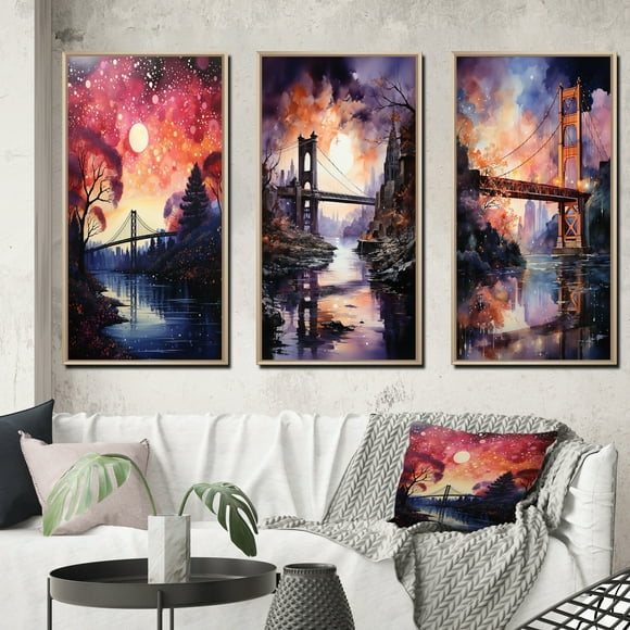 Designart "Pink Bridge Luminous Crossing painting" Cityscapes Framed Wall Art Set Of 3 - Pink Bridges Frame Gallery Wall Set For Home Decor
