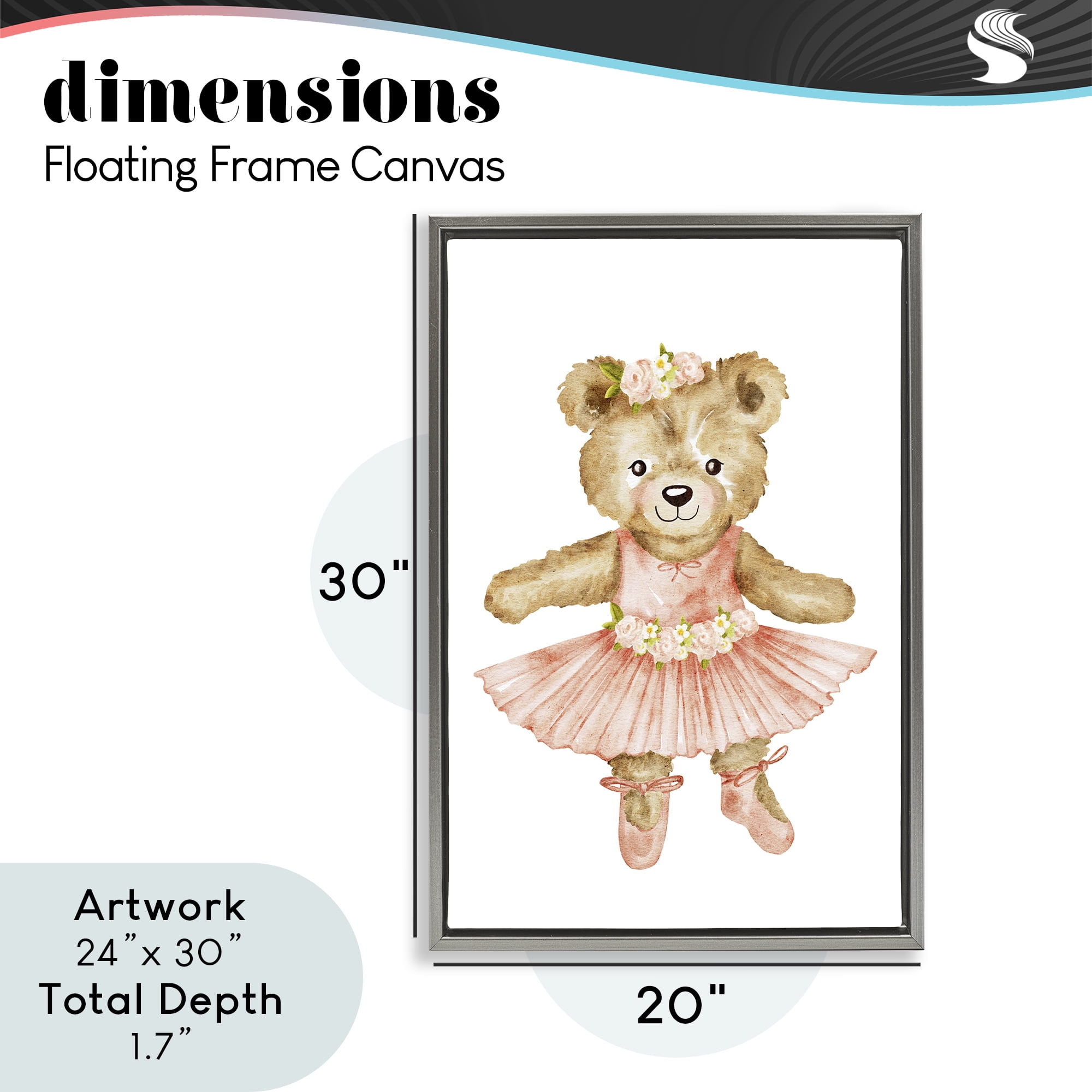 Floral Ballerina Teddy Bear Gray Framed Floater Canvas Wall Art, design by Amy Hall
