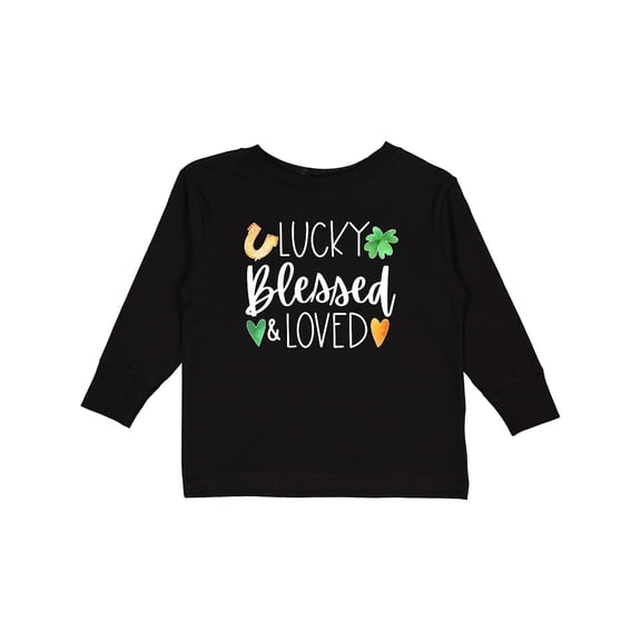 Inktastic Lucky Blessed and Loved Horseshoe Clover Hearts Boys or Girls Long Sleeve Toddler T-Shirt