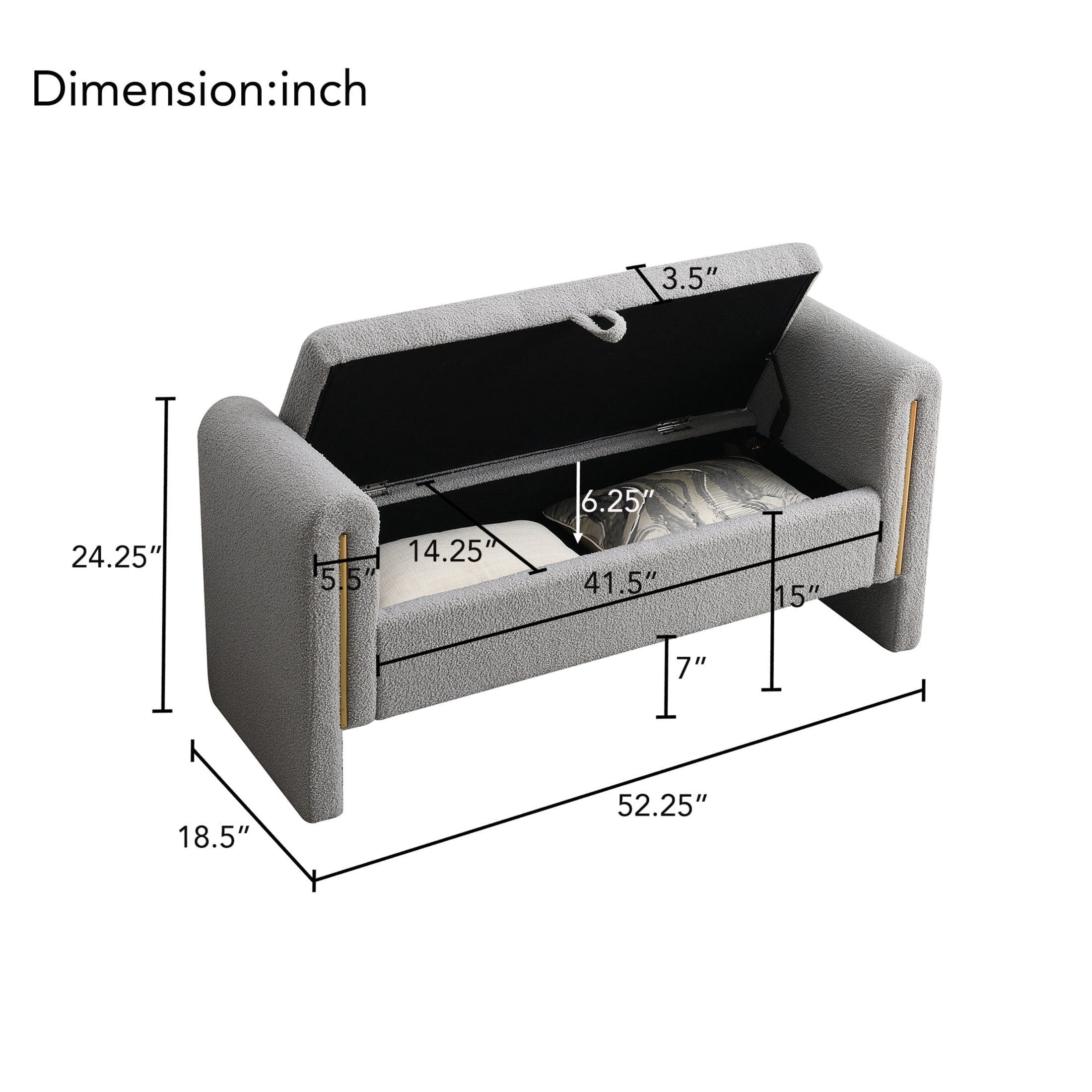 Orion Modern 41.7"W Teddy Upholstery Storage Ottoman Bench with Metal Accents, Grey