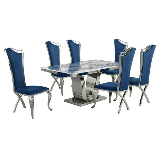 Ensemble de Salle à Manger de 7 Pièces en Marbre Blanc avec Base en Acier Inoxydable Argenté