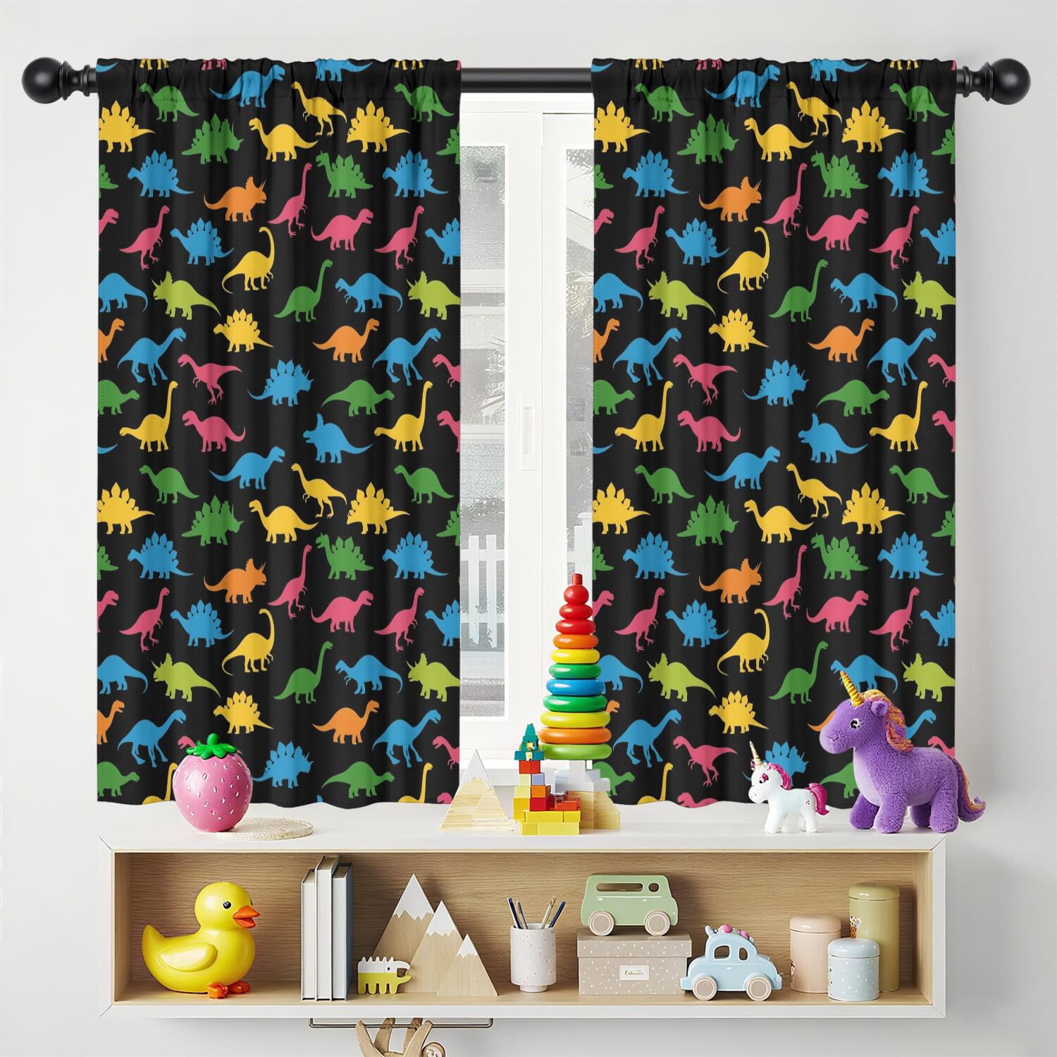 Blackout Kids Curtains,Black Colorful Dinosaurs Silhouette Pattern Childrens Insulated Curtains Set Of 2,Bedroom Essentials,Toddler Room Decor 42"x54"