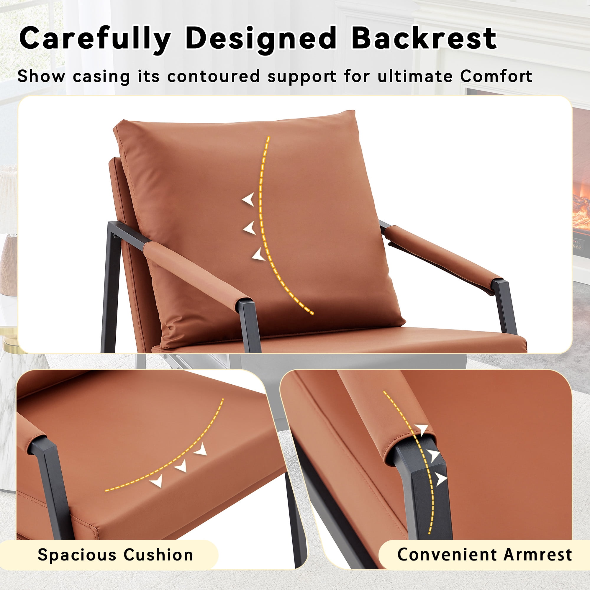 Alvantor Brown Faux Leather Accent Chair with Black Metal Frame and Armrests