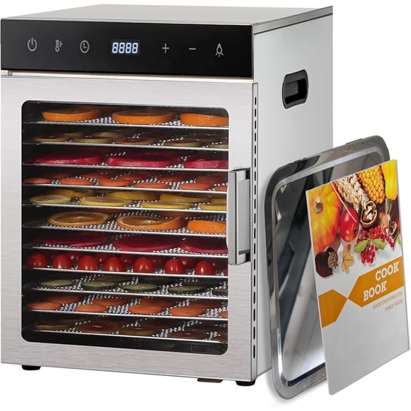 Mountain Essentials 10-Tray Food Dehydrator, 800W Stainless Steel Electric Dryer with Adjustable Temperature, Digital Timer, Drip Tray & Recipe Book
