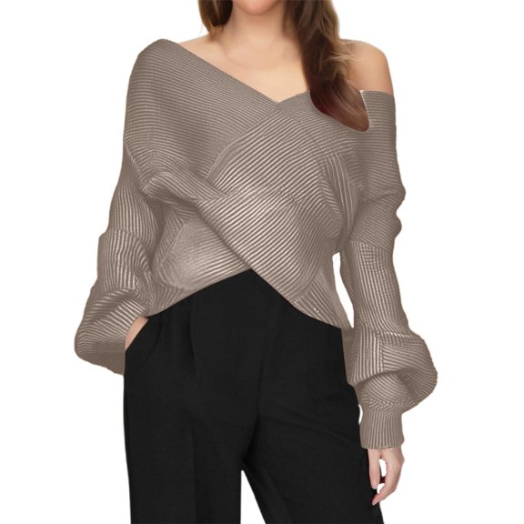 DuoJiaJ Casual Off Shoulder Long Sleeve Knitted Pullover Sweater Soft Comfortable For Daily Wear Womens Fashion Yellow L
