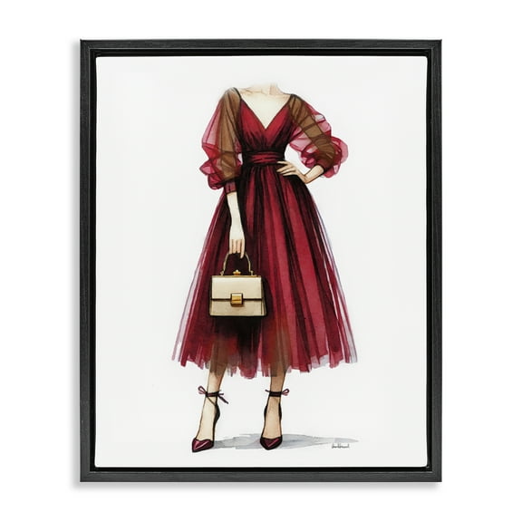 Stupell Industries Maroon Fashion Gown Fashion Painting Black Floater Framed Canvas Art Print Wall Art, 17 x 21