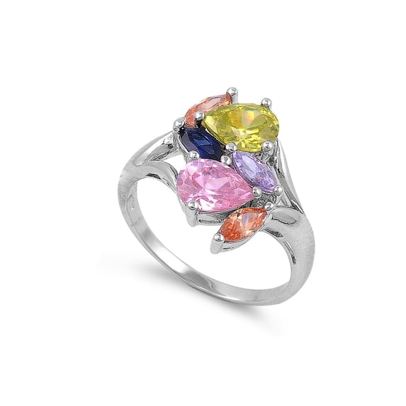 Rainbow Teardrops Cubic Zirconia Ring Sterling Silver 925