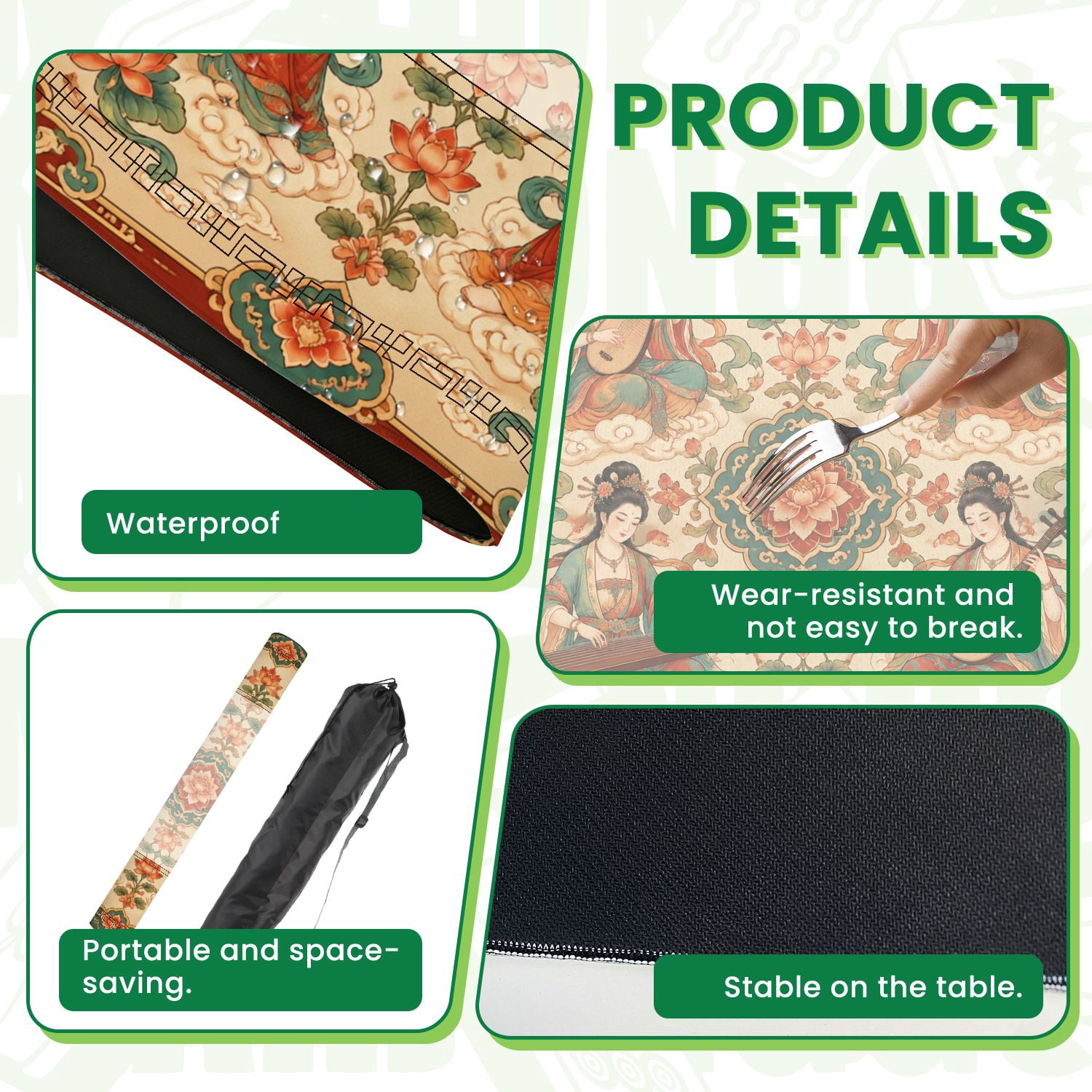 Mahjong Mat 31.5" x 31.5" Ornate Asian Goddesses Playing Traditional Musical Instruments Lotus Non-Slip Noise Reduction American Mahjong Tiles Table Cover for Dominoes Poker Card Board Games Gift