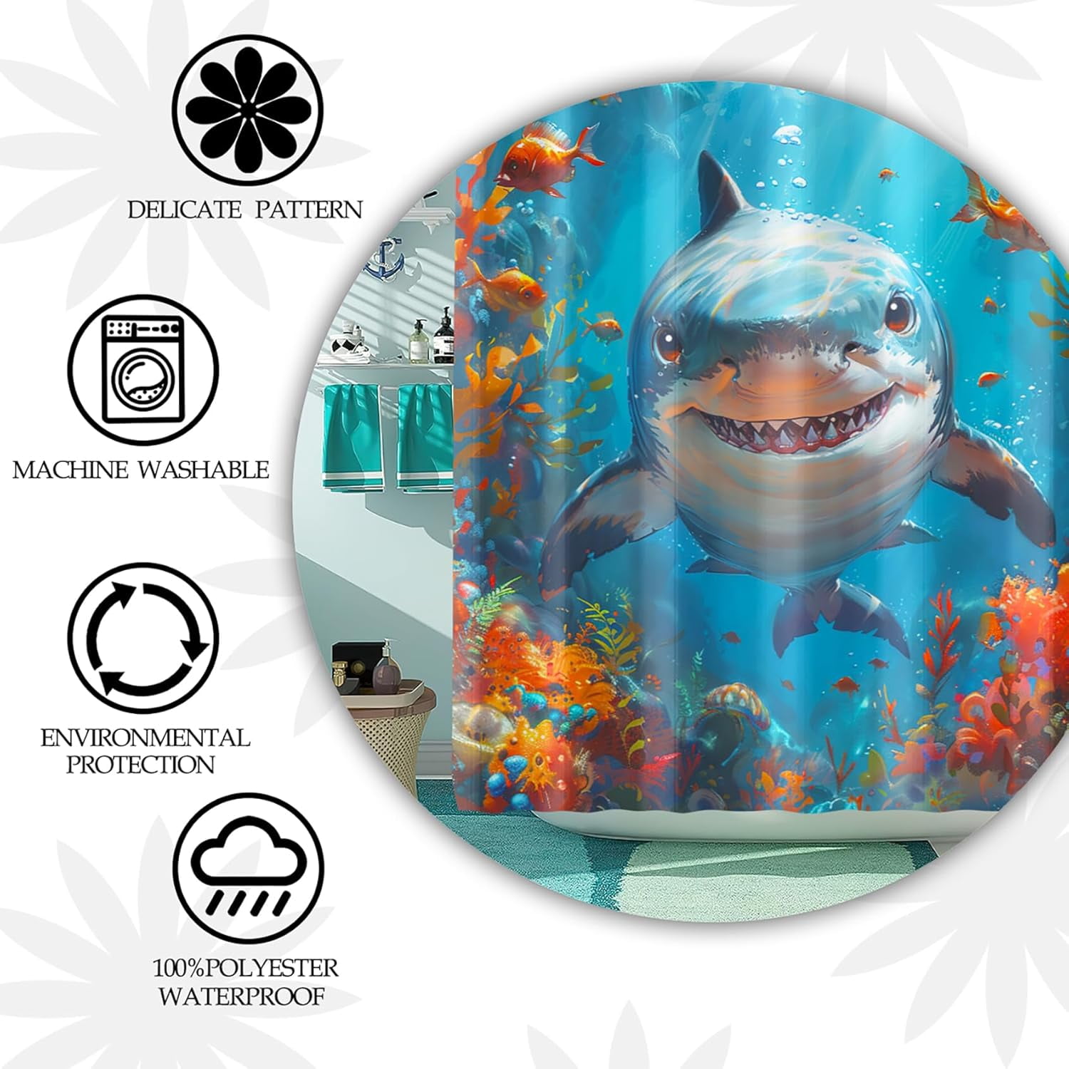 4 Pcs Shark Shower Curtain Set - Shark Bath Curtain, Blue Shark Bathroom Ocean Themed Shower Curtain for Kids Boys Girls, Sea Animal Shower Curtain with Rug, Toilet Cover, Bath Mat with 12 Hooks