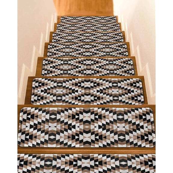 Brown Aztecs Stair Treads for Wooden Steps Indoor Runner Rug Carpet, Abstract Southwest Geometric Vintage Tribal 15 Pieces Peel and Stick Staircase Step Treads Covers Washable Throw Door Mats, 30"x8"