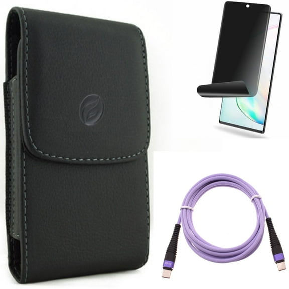 Privacy Screen Protector & Purple 10ft PD Cable & Case Belt Clip for Samsung Galaxy Note 20 (6.7") - Combo with TPU Film Anti-Peep & Type-C to USB-C Fast Charger Cord & Leather Holster