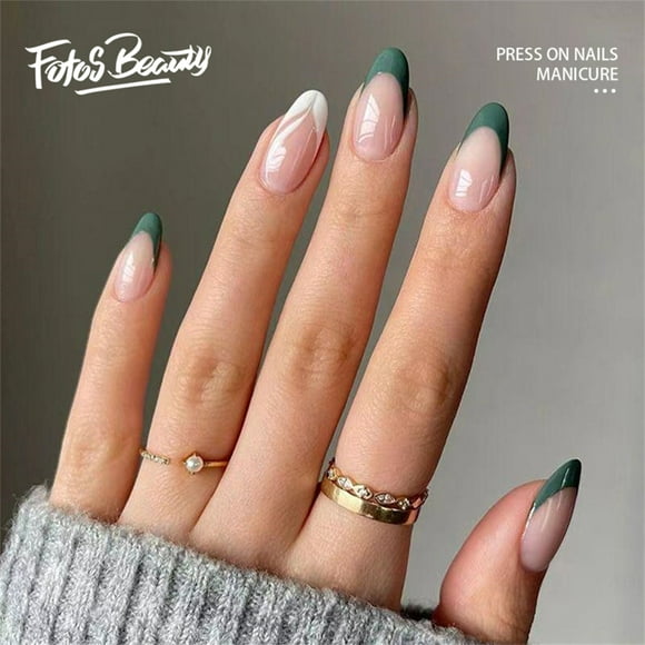 Fofosbeauty 24pcs Almond Nails Designs 2022, Medium Press on Nails French Tip Nails, White & Green