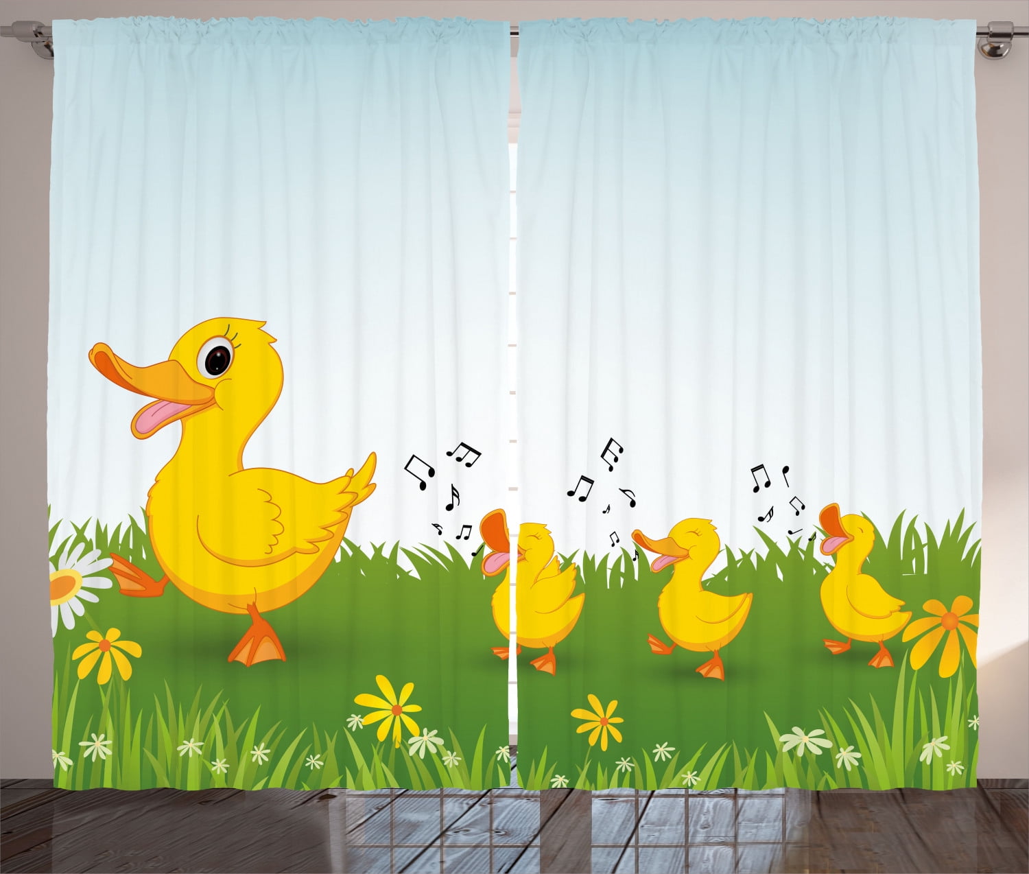 Cartoon Curtains 2 Panels Set, Mother Duck and Babies Walking and