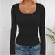 thumbnail image 1 of MHFRRA Camiseta Básica de Punto Acanalado para Mujer, Cuello Cuadrado, Manga Larga, Moda de Otoño, Informal, Elástica, Cómoda, para Niñas y Adolescentes Negro, 1 of 4