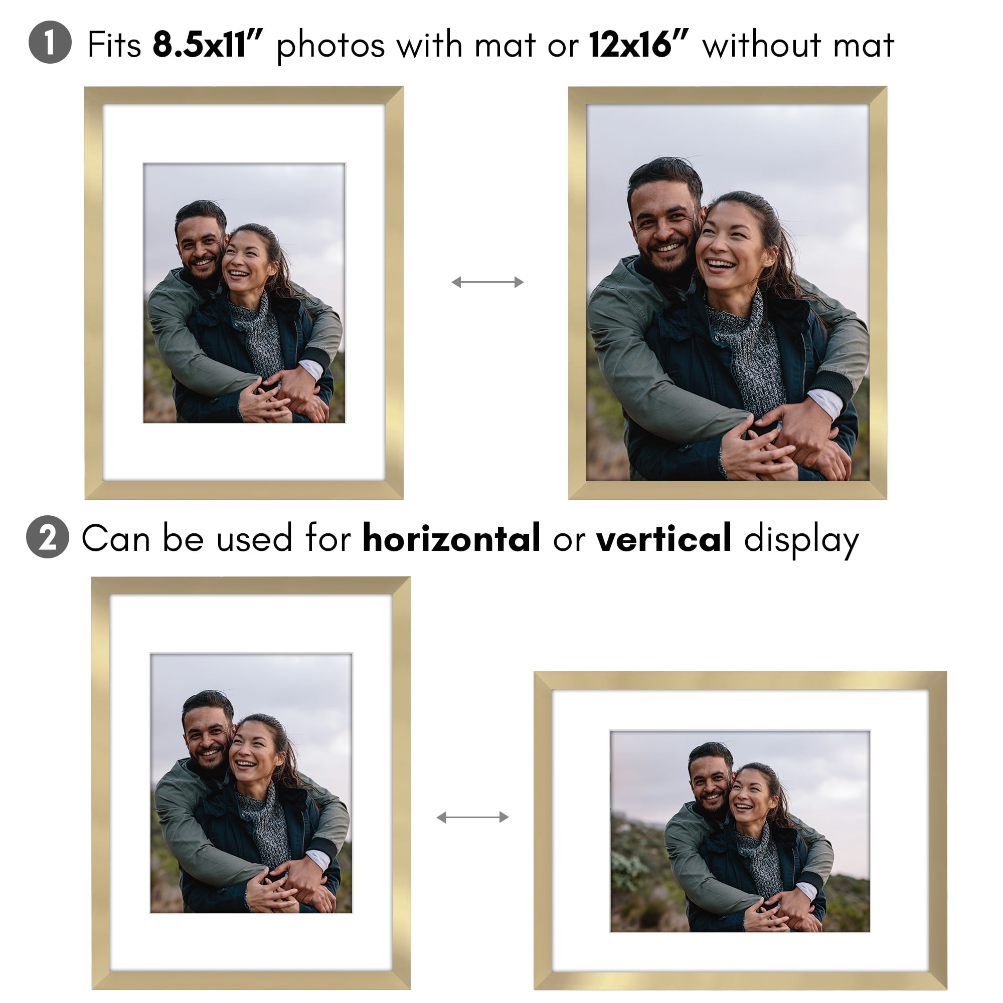 Americanflat 12x16 Picture Frame with Polished Plexiglass with 8.5x11 Mat 5 Pack Display Photo Galleria - Gold