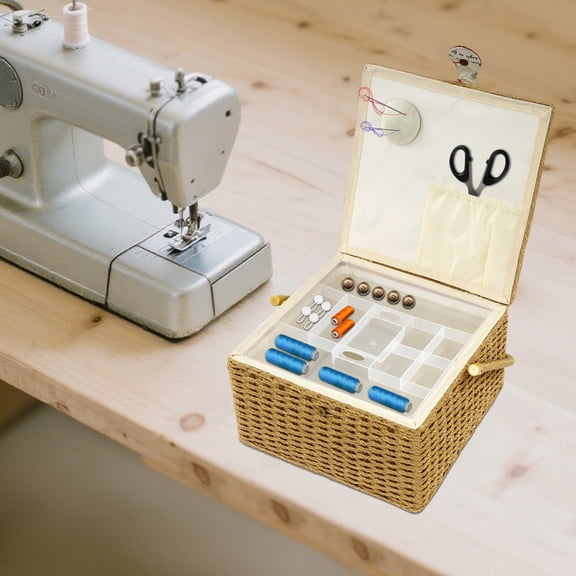 Rectangular Sewing Basket, Wood Practical Storage Organizer with Divided Tray and Pincushion, Sewing Kit Storage and Organizer Case