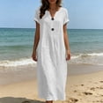 thumbnail image 4 of Wovilon Women's V-Neck Short Sleeve Shift Dress with Button Details, Cotton Linen Blend Loose Fit Casual Summer Midi Dress for Vacation and Daily Wear, 4 of 6