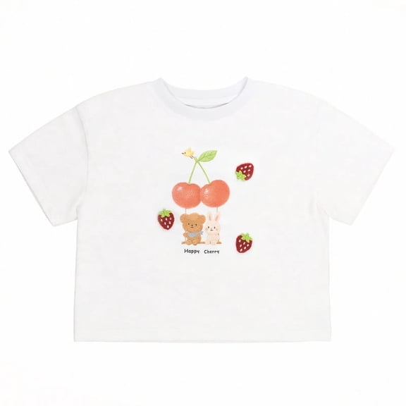 NIPAXO Girls Graphic T-Shirt Cute Cherry Bear Short Sleeve Crewneck Cotton Tee, Casual Summer Top for Girls 4-5Y (White