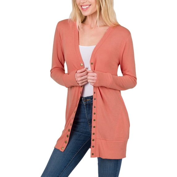 KOGMO Womens Long Knit Cardigan Sweater with Pockets and Snap Buttons Detail