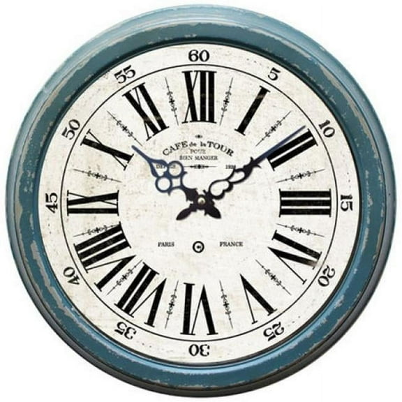 Circular Iron Wall Clock Distressed Blue Iron Frame with Glass