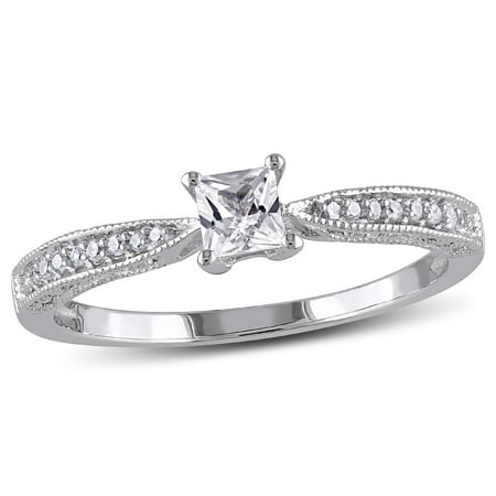Created White Sapphire 1/4 Carat (ctw) Princess Cut Engagement Ring with Diamonds in Sterling Silver