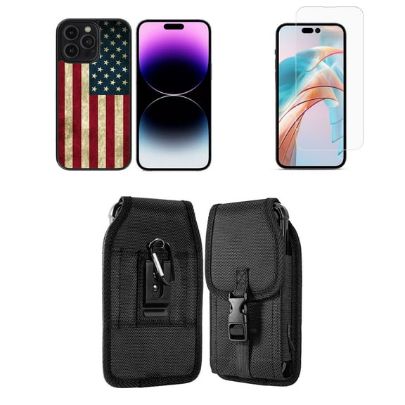 Bemz Phone Case for iPhone 15 Pro Bundle with Shockproof Anti-Scratch UV Print Protection TPU Cover, Screen Protector, Vertical Release Buckle Belt Holster Pouch (Rustic American Flag)