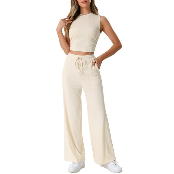 DARING DIVA Women's 2 Piece Sets Crew Neck Crop Tank Wide Leg Pants M Apricot