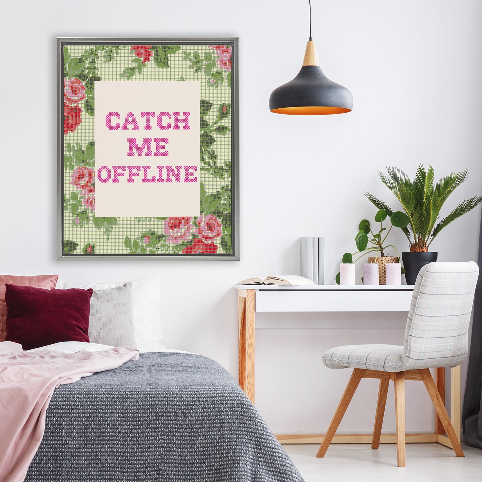 Stupell Industries Catch Me Offline Faux Cross Stitch Gray Framed Floater Canvas Wall Art, design by Lil' Rue