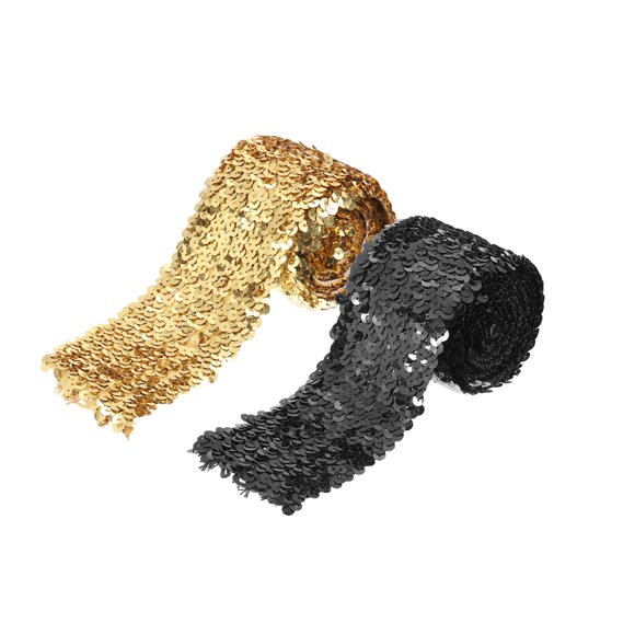Unique Bargains 2 Pack 2.2 Yards 3 Inch Elastic Sequins Trim 5 Row Flat Sequin Strip Sequins Fabric Ribbon for Sewing Gold Black