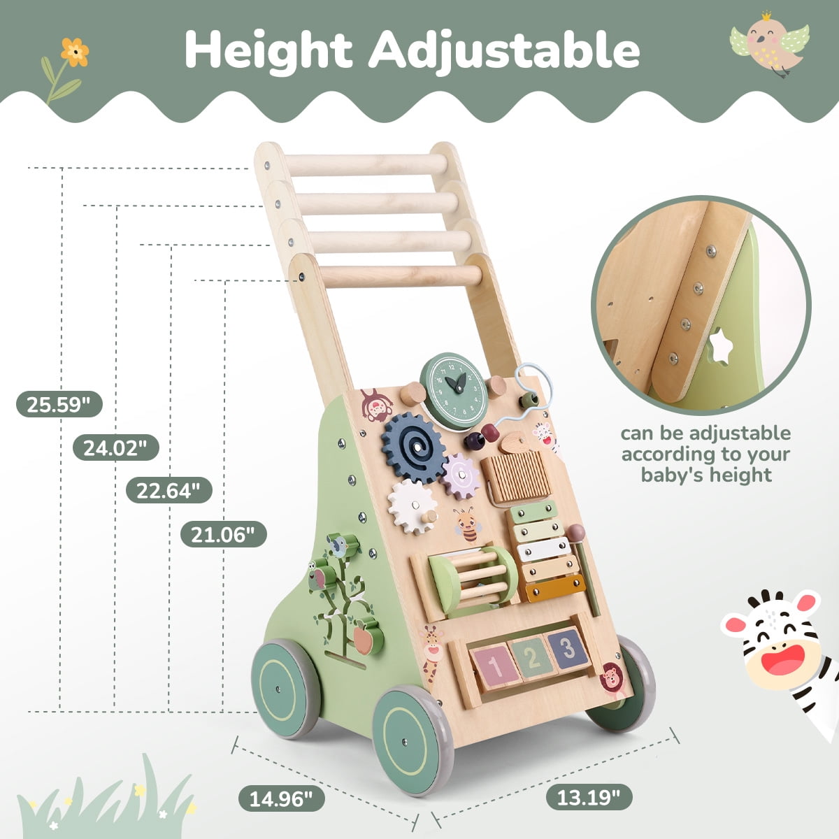 Wooden Baby Walker, Caveen Montessori Push Walker with Activity Center，Adjustable Speed and Height Baby Push Walking Toys for 12 Months