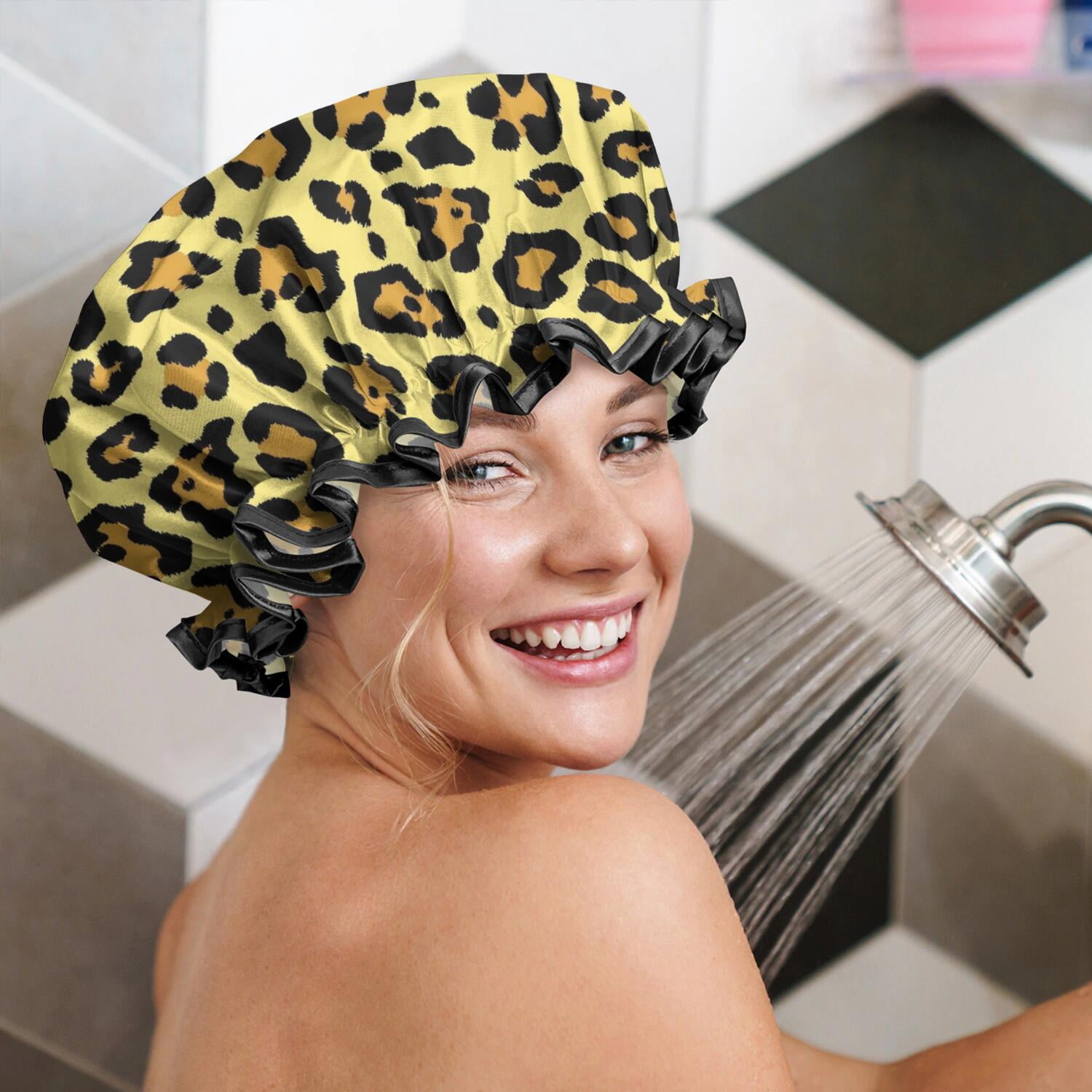 Shower Caps,Yellow and Black Leopard Pattern Waterproof Shower Cap for Women 4 Pieces,Double Reusable Hair Cover for Shower PEVA Elastic Stretch Hem