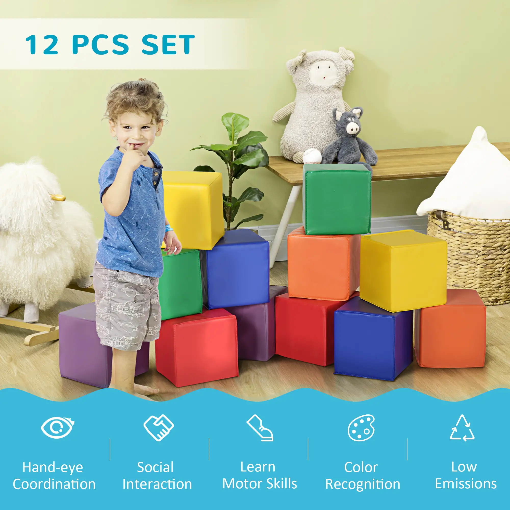 12 Pcs Soft Foam Blocks, 7.75 Inch Multi-Color 3D Play Set, No Assembly Needed, Safe Crawl Climb Toys for Infants Toddlers 12-36 Months for Home School Daycare