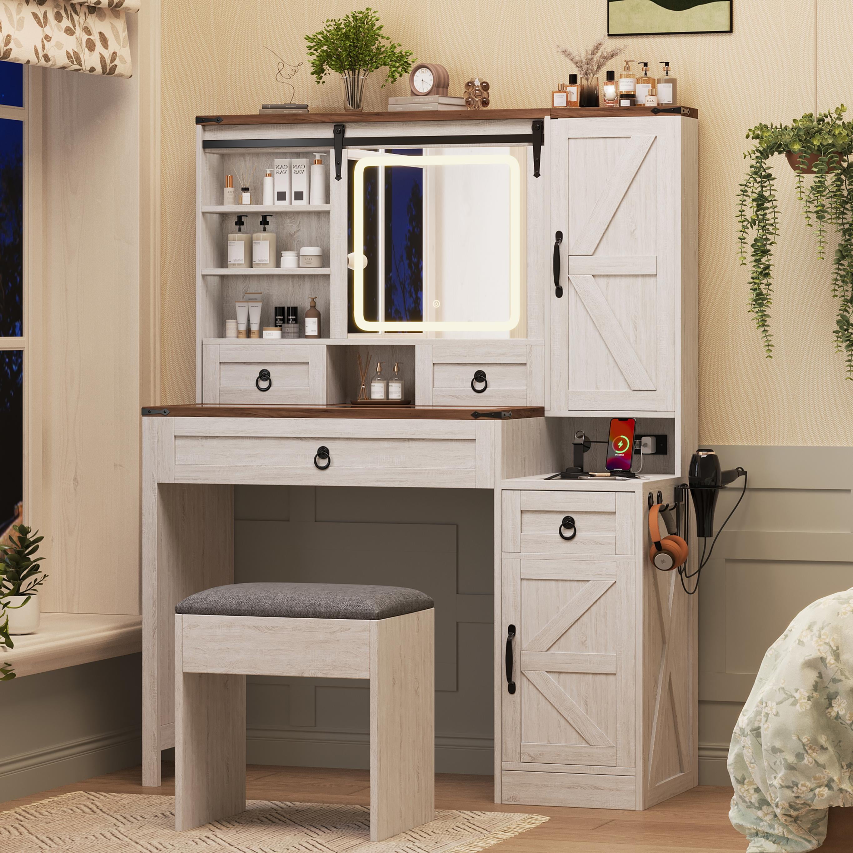 Yoneston Farmhouse Power Outlet Vanity Set with Sliding LED Mirror, Dressing Table with 4 Drawers and 2 Cabinets & Stool, Makeup Vanity Desk with Hooks & Hair Dryer Stand for Bedroom, White