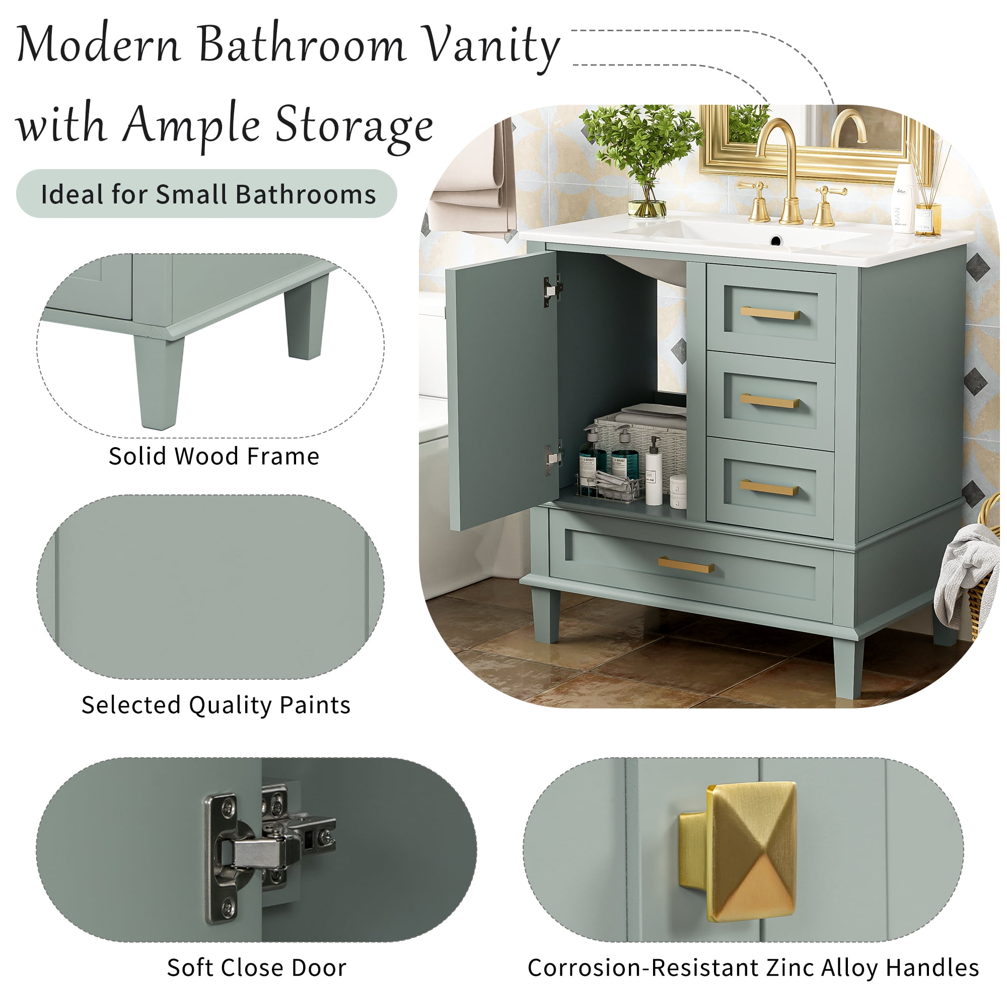 Euroco 30" Bathroom Vanity with Ceramic Sink, Soft-Close Doors & Drawers, Modern Design with Ample Storage