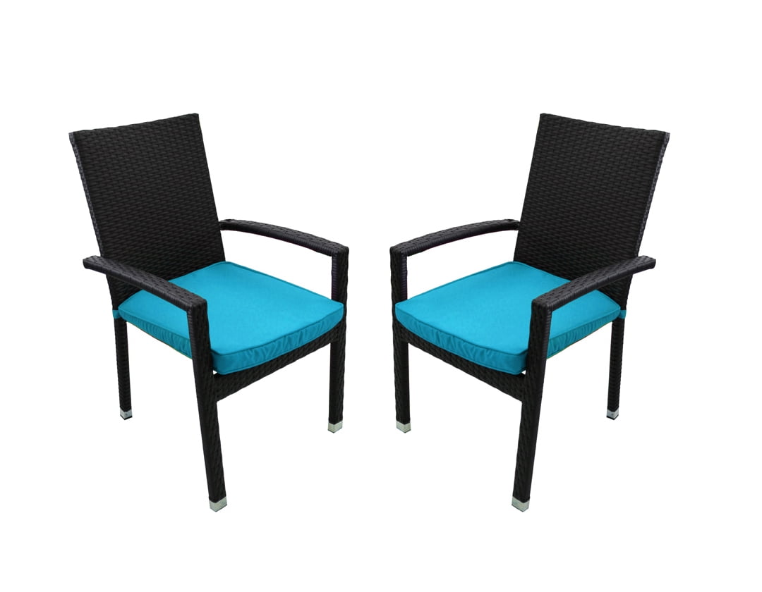 Set of 2 Blue and Black Wicker Outdoor Patio Furniture Dining Chairs