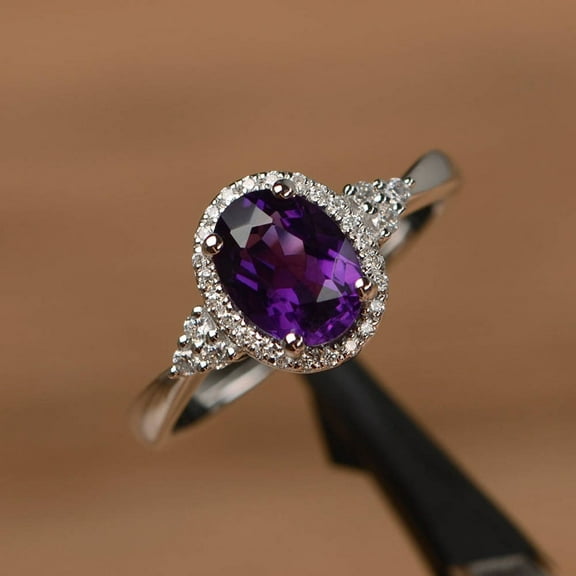 natural amethyst ring oval cut sterling silver halo engagement ring February birthstone purple gems ring