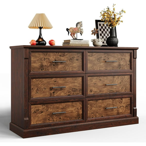 Garvee Farmhouse 6 Drawer Dresser for Bedroom, Rustic Wood Chest of Drawers with Metal Handles, Large Double Dresser TV Stand, Storage Dressers Organizer for Living Room, Brown