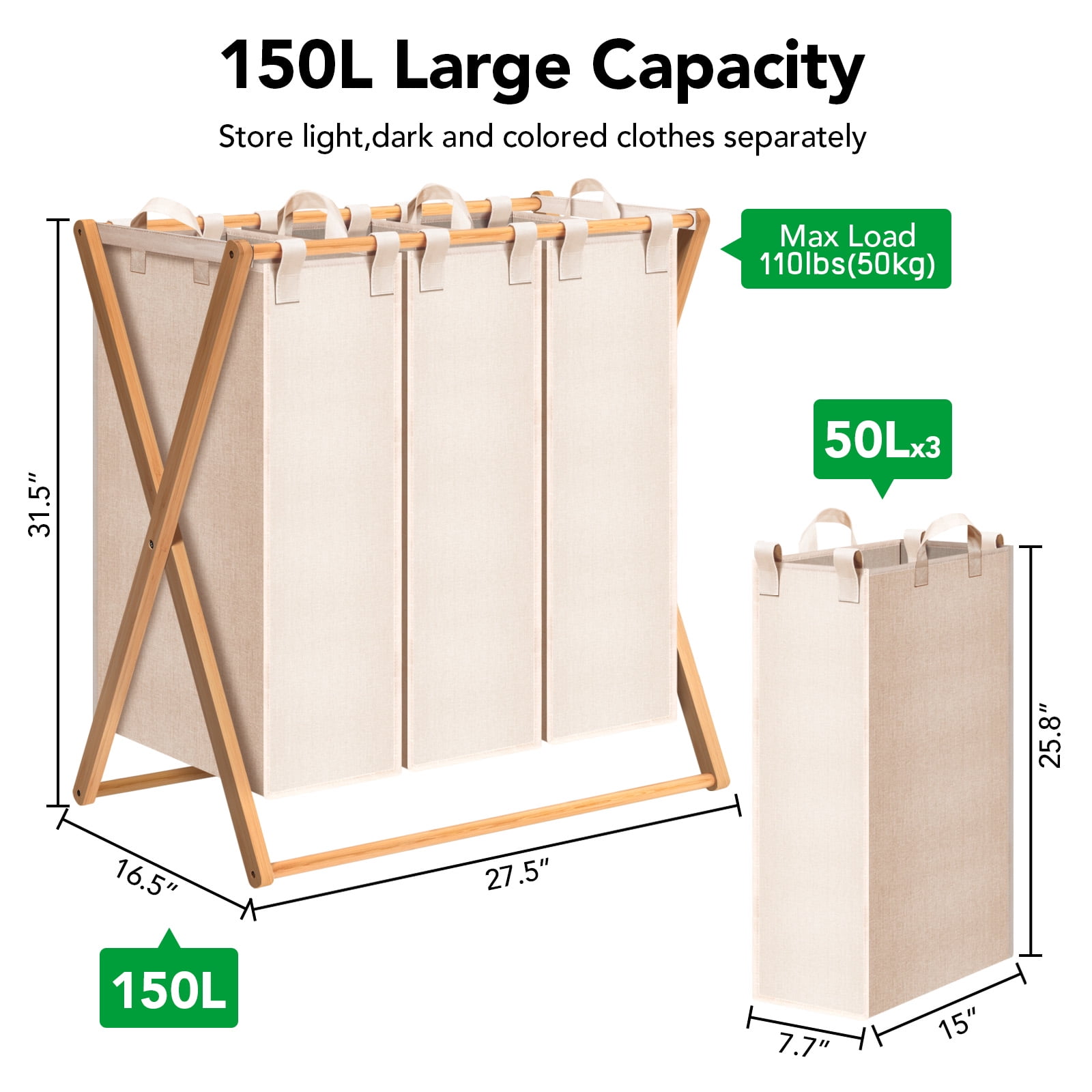 150L Laundry Hamper,Collapsible Laundry Basket,Bamboo Clothes Hamper,Foldable Hamper for Bedroom, Laundry Room, Bathroom, Beige
