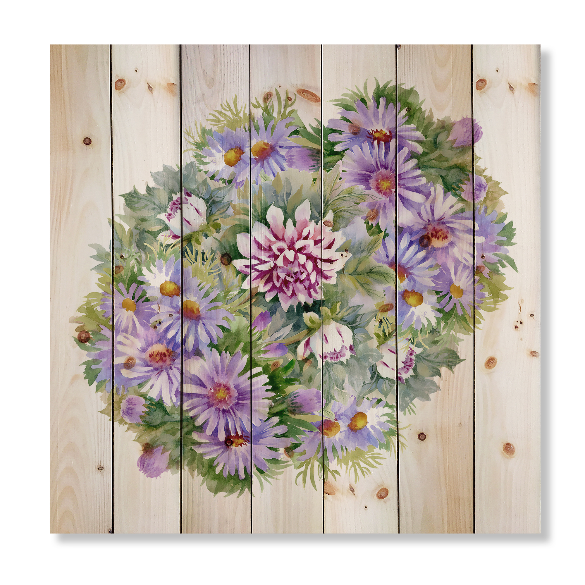 Designart 'Bouquet With Daisies and Purple Chrysanthemums' Traditional Print on Natural Pine Wood