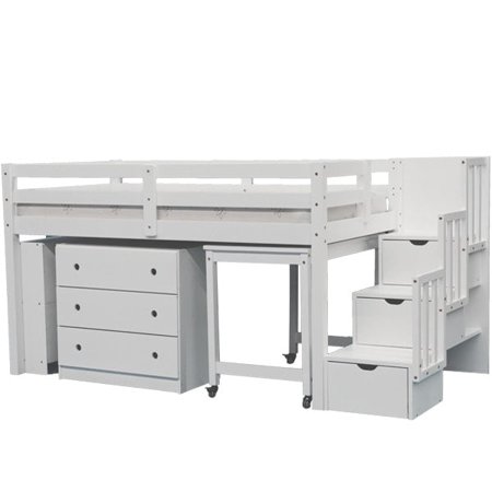 Junior Stairway Mid Loft Bed with Desk  Chest and Bookcase White