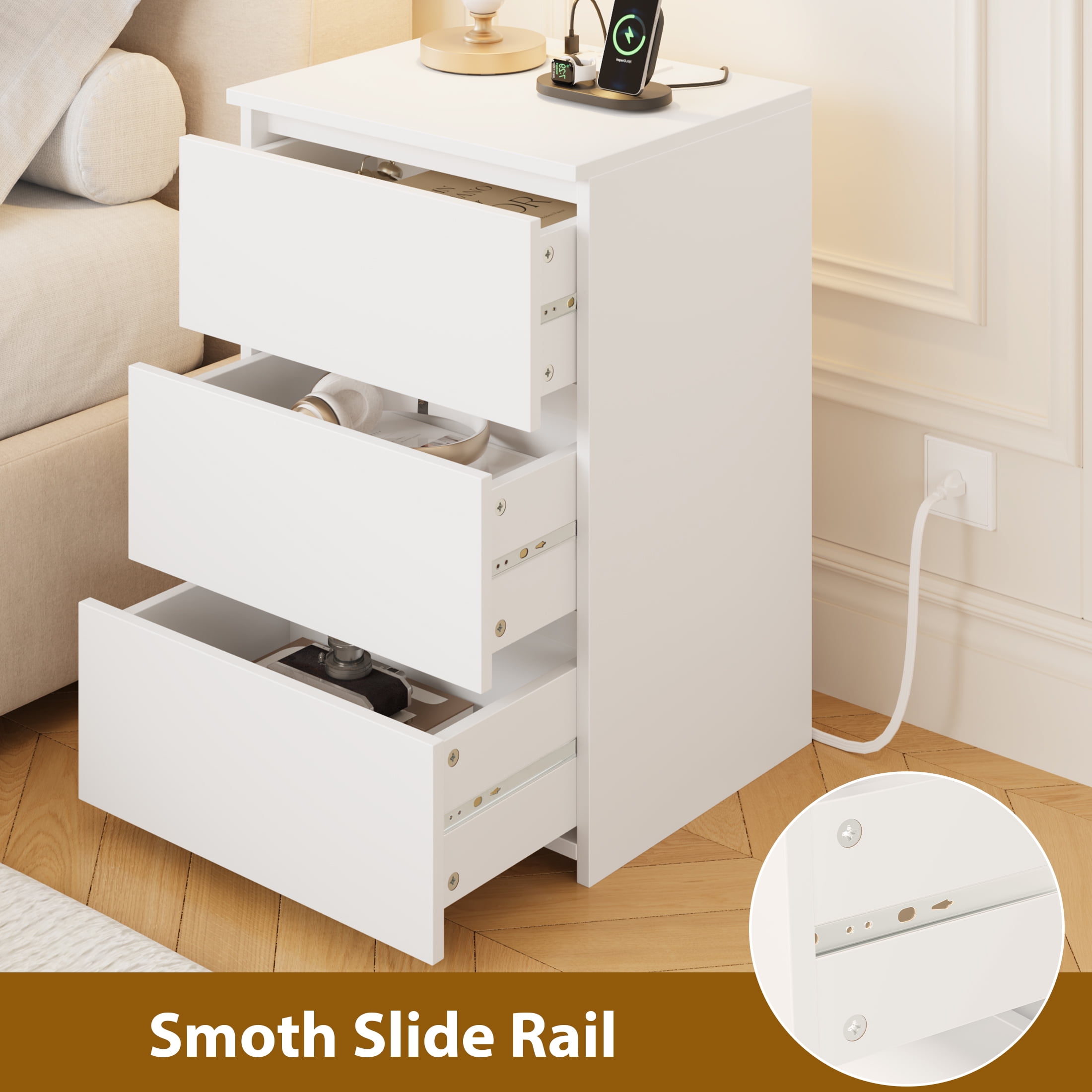 Homfa 3 Drawers Nightstand with Charging Station, Side Table with Storage for Living Room, White Bedside Nightstand for Bedroom