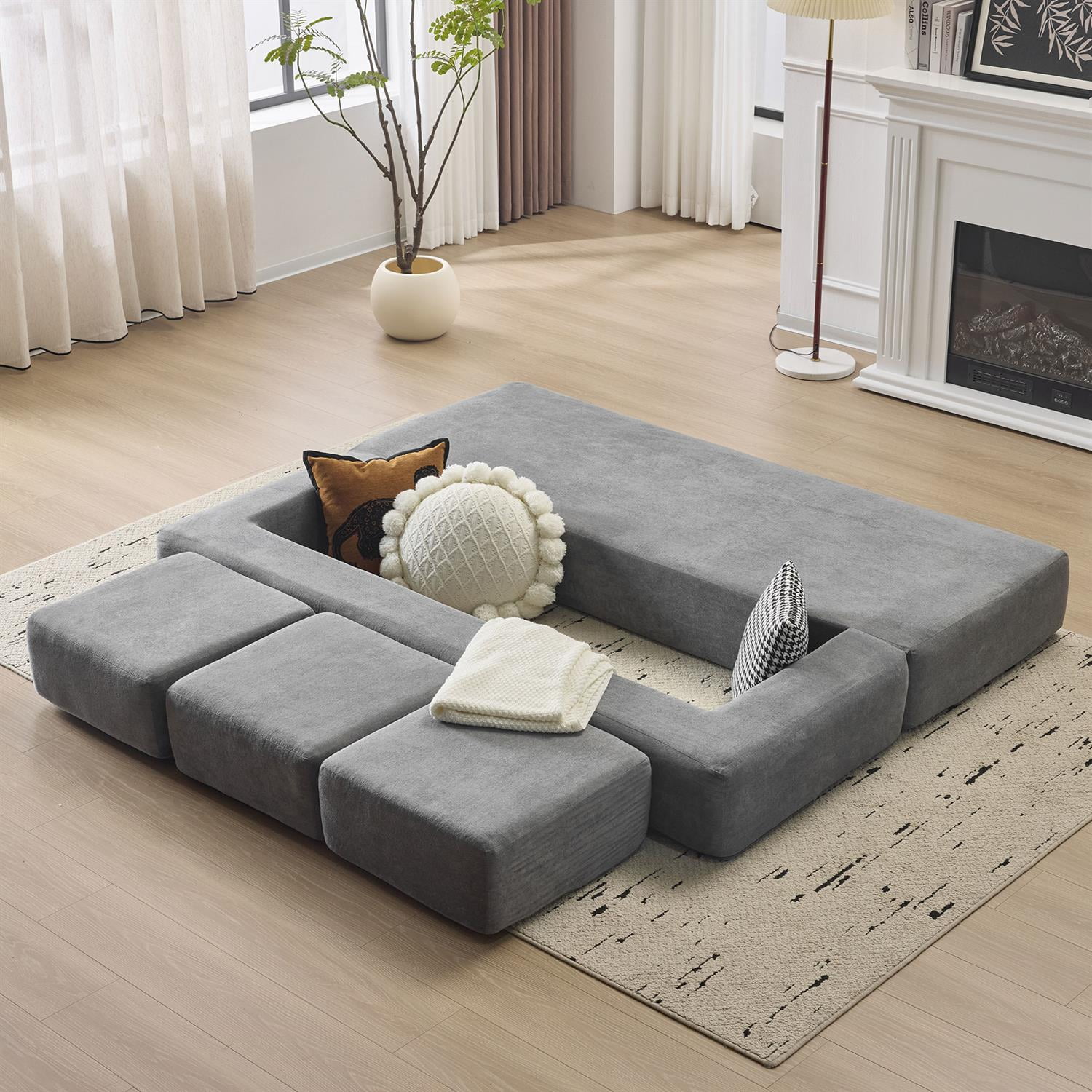 Demi Bonn Convertible Sectional Sofa with 3 Storage Ottomans, Space-Saving Chenille Couch, High-Resilience Foam for Studio Apartments & Home Offices, Gray