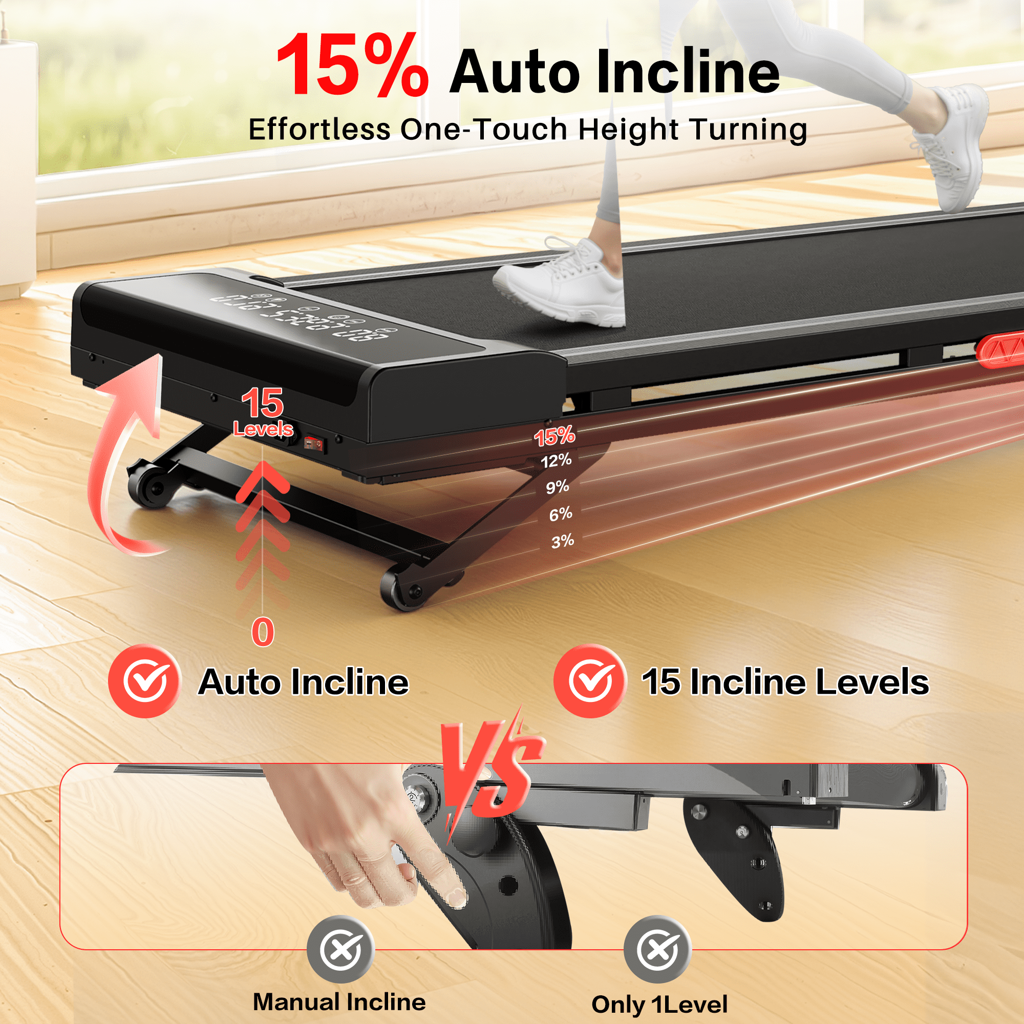 Evitormill Treadmill With Auto Incline 15%, Portable Under Desk Walking Pad for Home/Office,Black Red