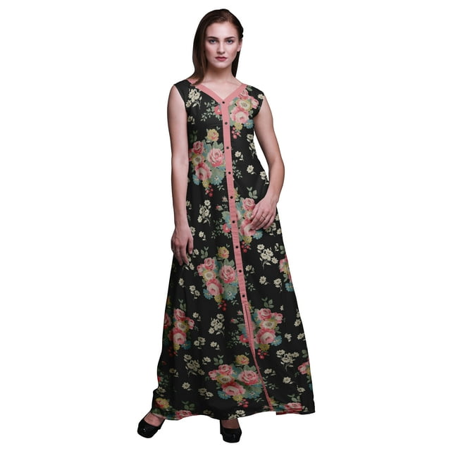 Bimba Robe Anarkali Noire à Fleurs, Col Mandarin, Sans Manches, Kurtis pour Femmes, Robe Maxi à Imprimé, Petit