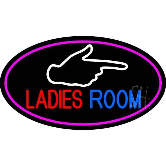 Ladies Room And Hand Pointing Oval With Pink Border LED Neon Sign 13 x 24 - inches, Clear Edge Cut Acrylic Backing, with Dimmer - Bright and Premium built indoor LED Neon Sign for Bar decor.