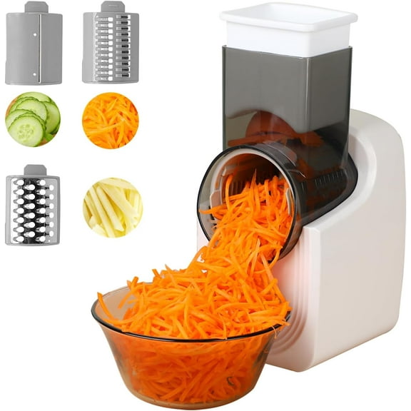 NN Electric Vegetable Slicer, Salad Shooter, 3-in-1 Electronic Fruit Shredder, Cheese Grater for Home Kitchen Use, Electric Grater with 3 Type Blades Stainless Steel,WhiteA