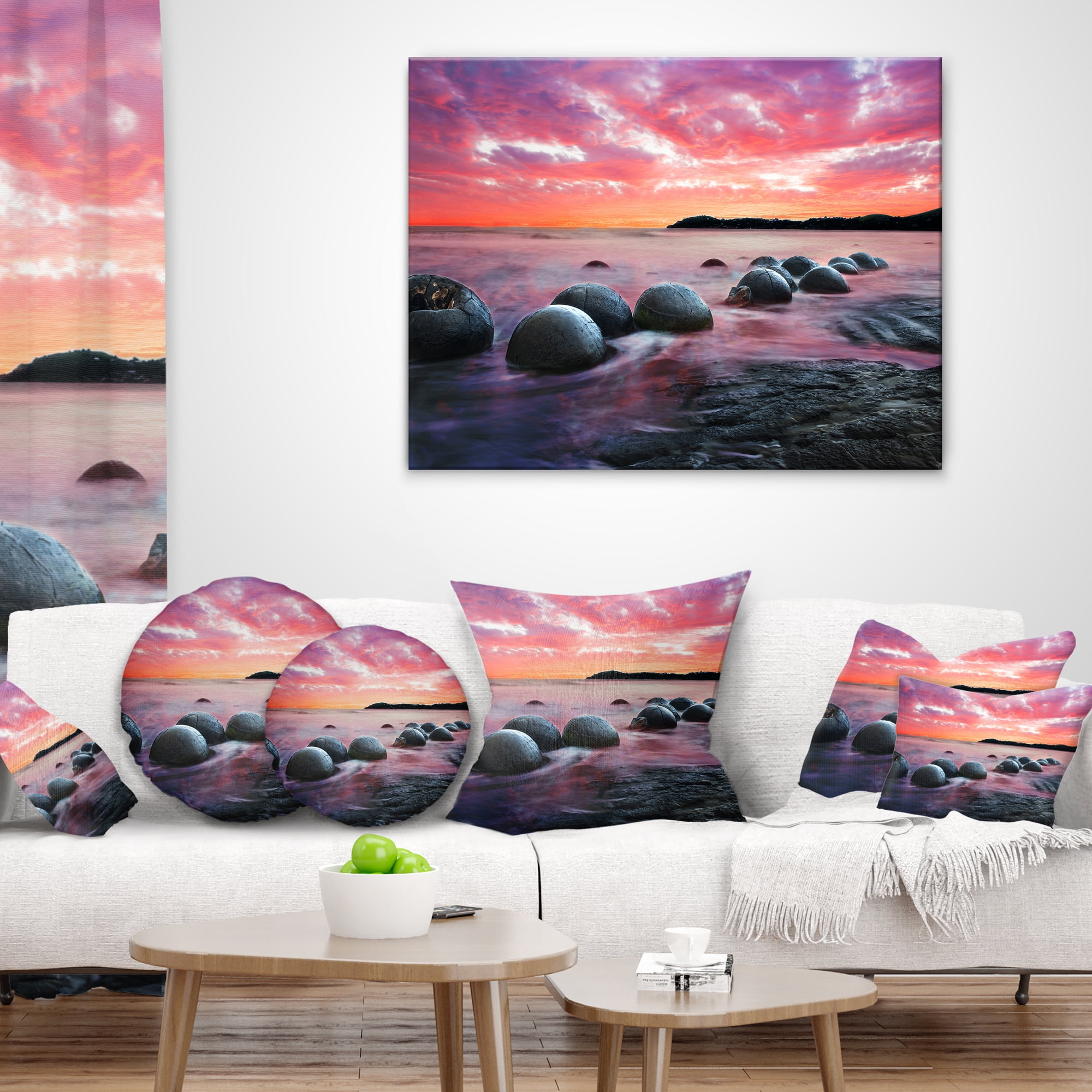 Designart Moeraki Boulders at Sunset - Seashore Photo Throw Pillow - 12x20
