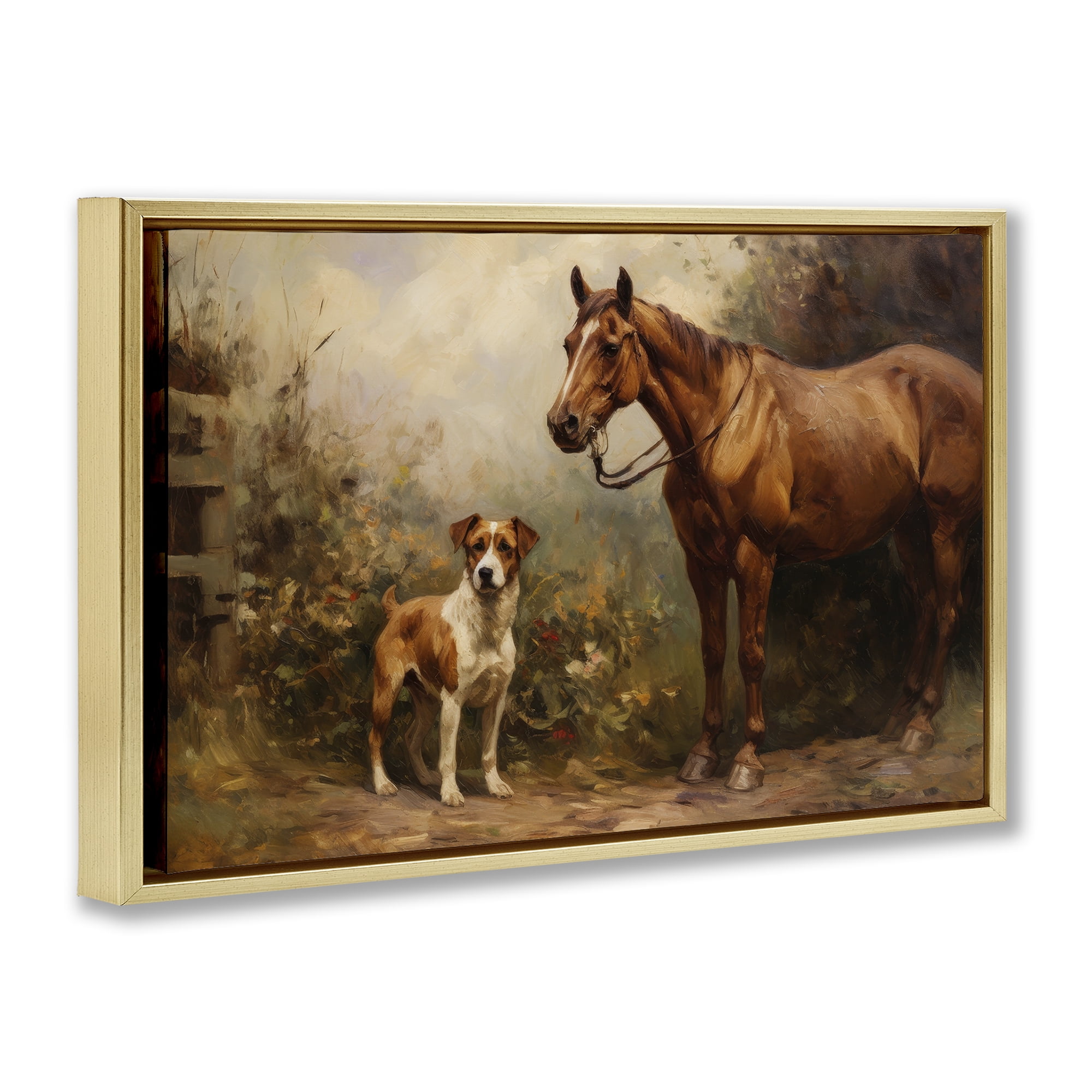 Stupell Industries Horse & Dog in Nature Landscape Painting Gold Floater Framed Canvas Art Print Wall Art, 25 x 17